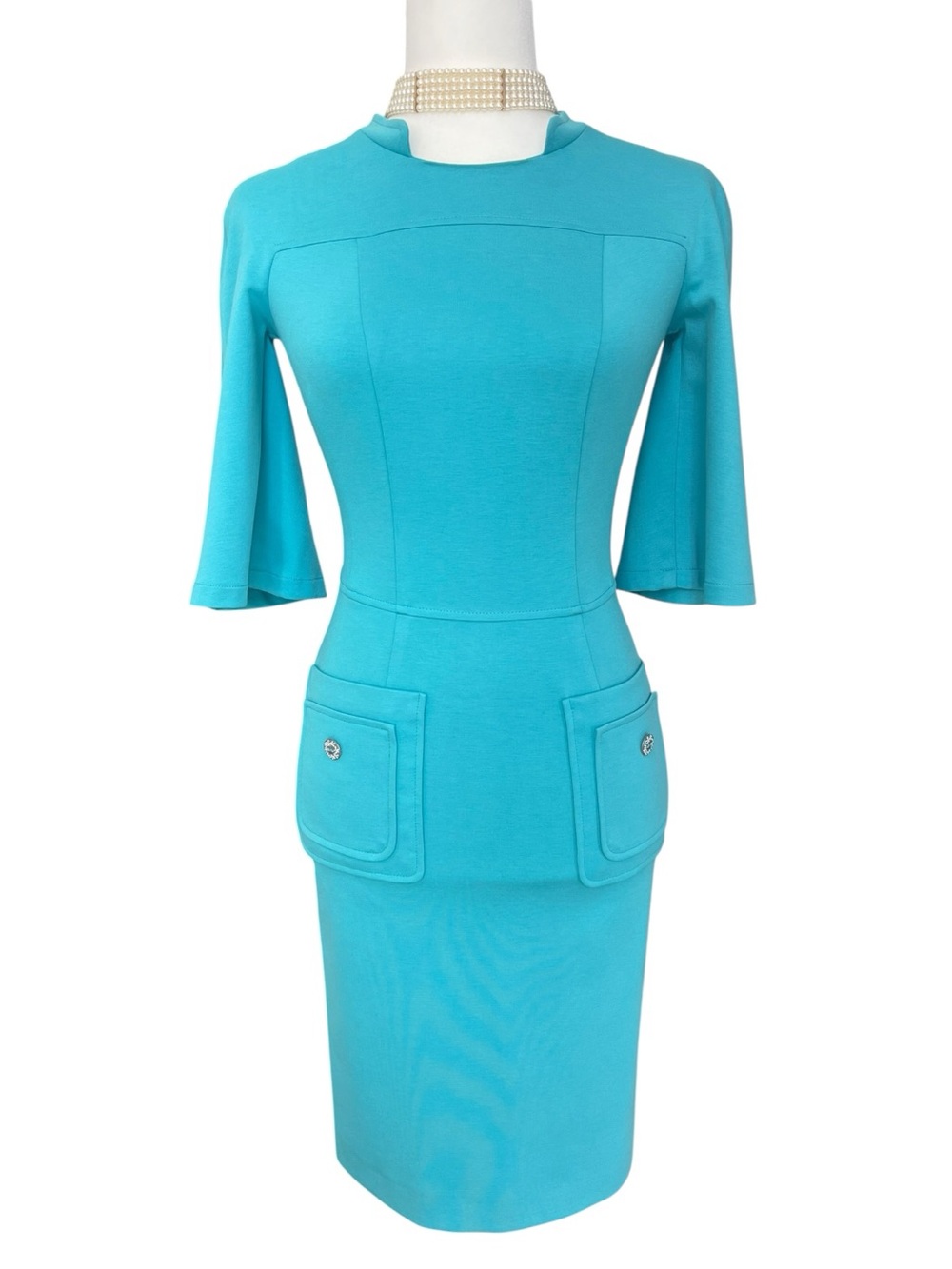 Sleek Turquoise Midi Dress with Flared Sleeves Size 34 - Picture 2 of 15